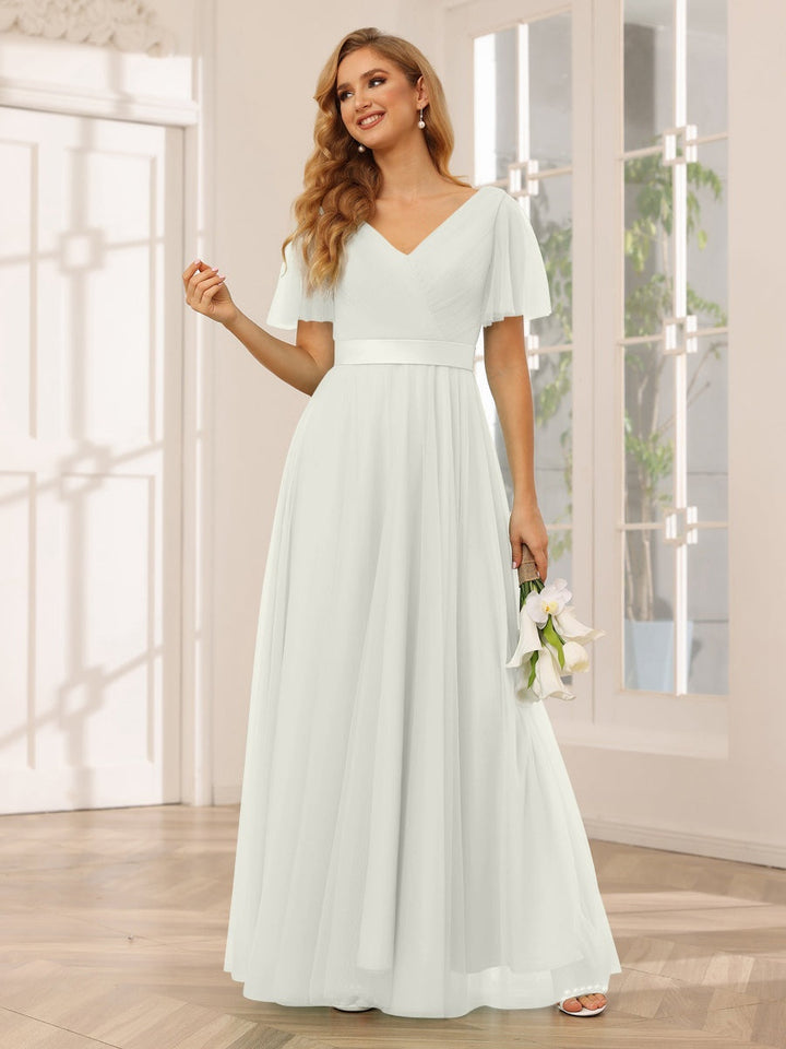 A-Line/Princess V-Neck Short Sleeves Floor-Length Long Bridesmaid Dresses with Lace