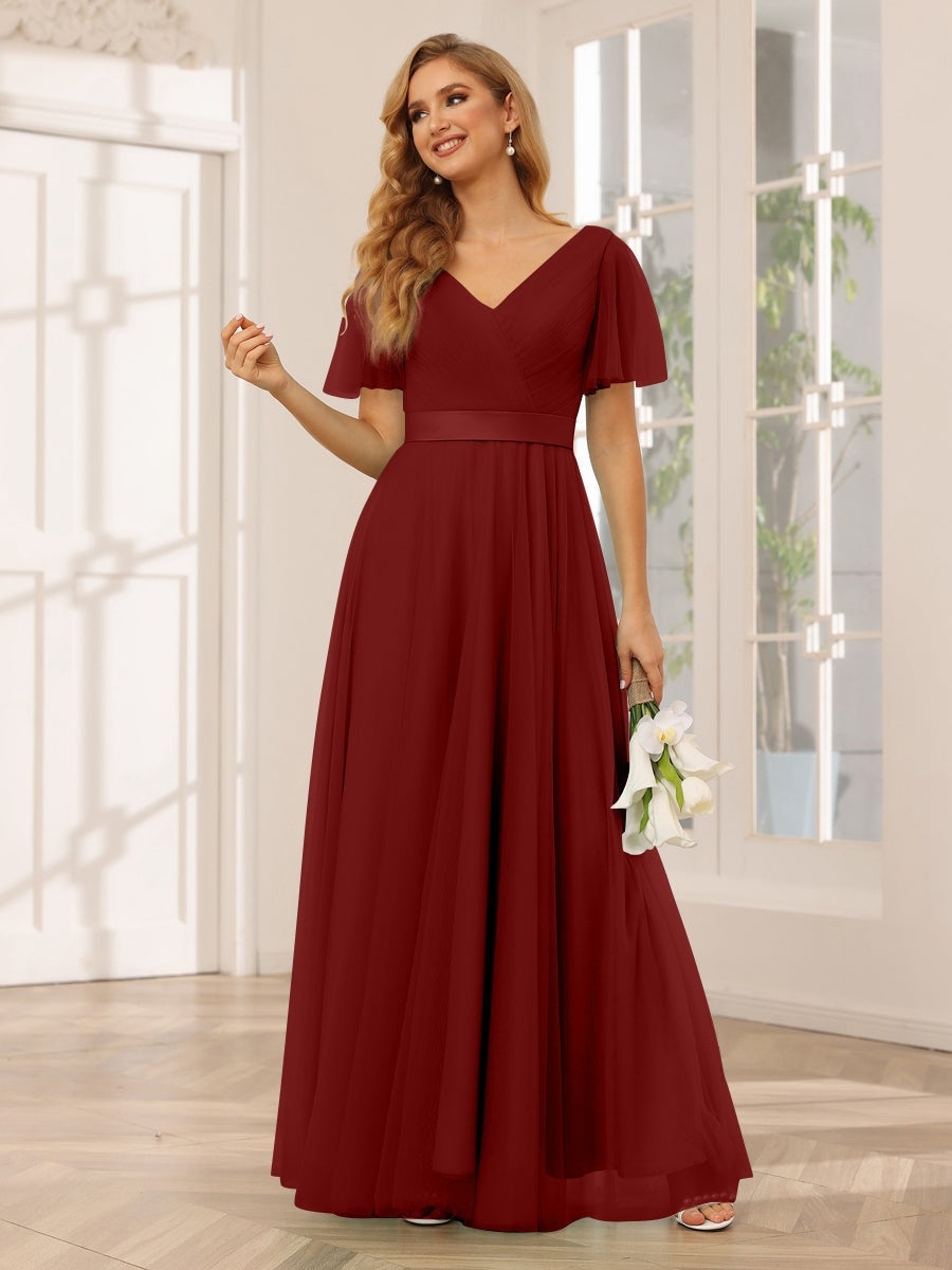 A-Line/Princess V-Neck Short Sleeves Floor-Length Long Bridesmaid Dresses with Lace