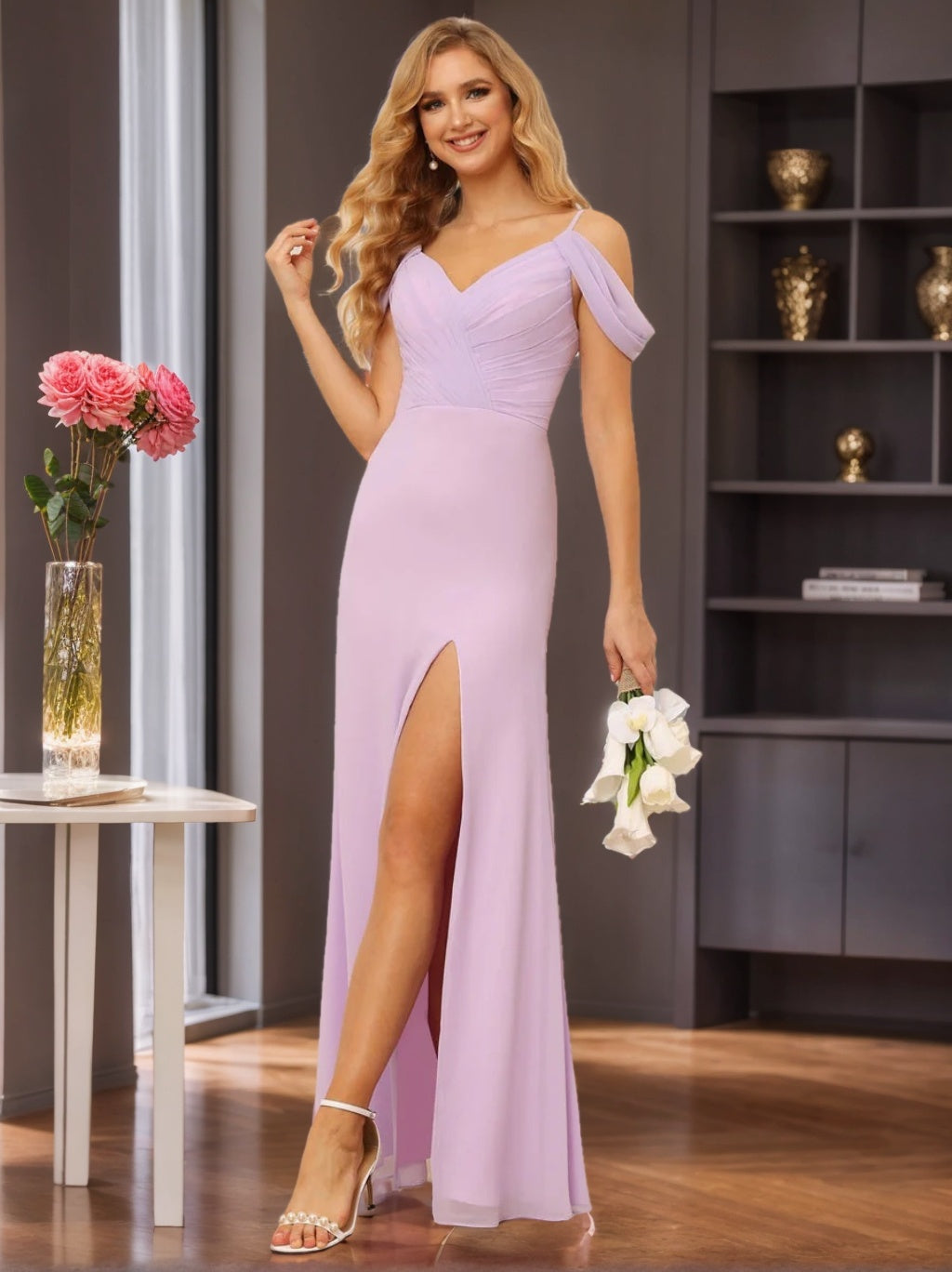 Sheath/Column Spaghetti Straps Off-the-Shoulder Floor-Length Bridesmaid Dresses with Split Side