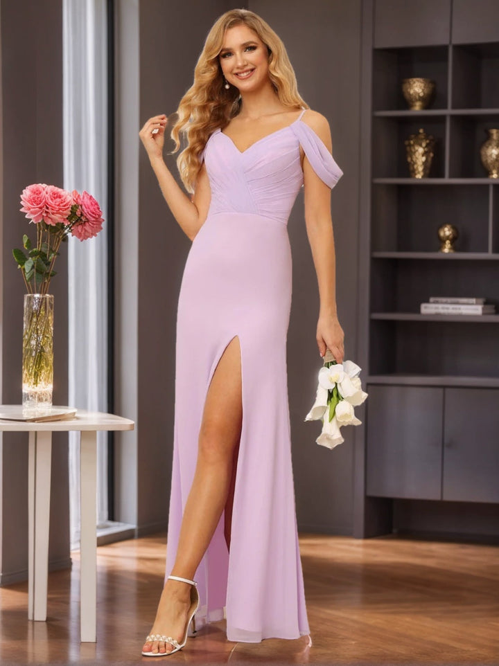 Sheath/Column Spaghetti Straps Off-the-Shoulder Floor-Length Bridesmaid Dresses with Split Side