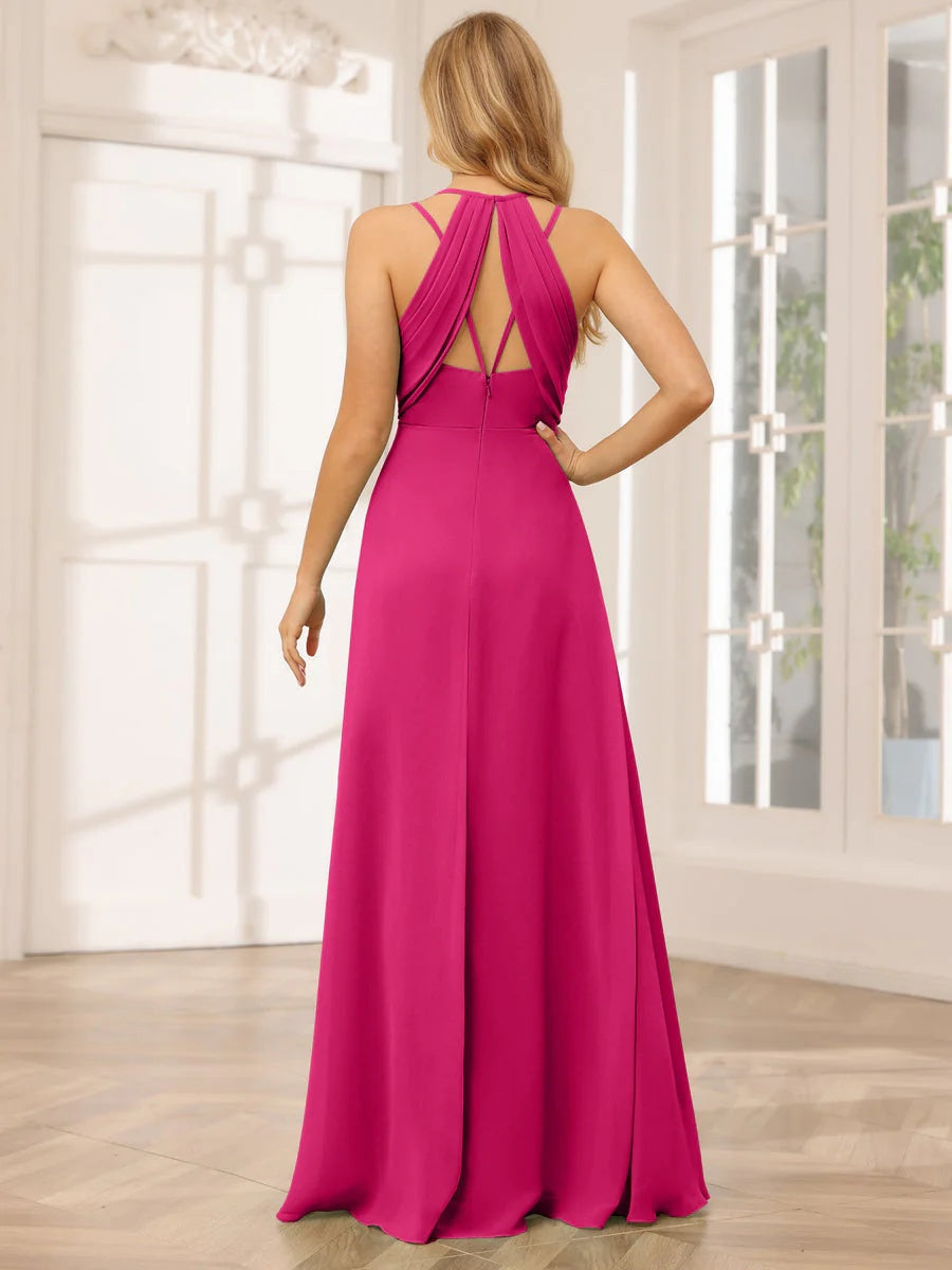 A-Line/Princess V-Neck Sleeveless Floor-Length Bridesmaid Dresses with Ruffles