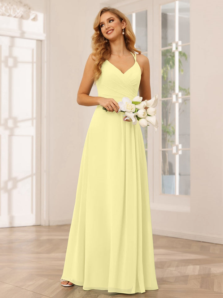 A-Line/Princess V-Neck Sleeveless Floor-Length Bridesmaid Dresses with Ruffles