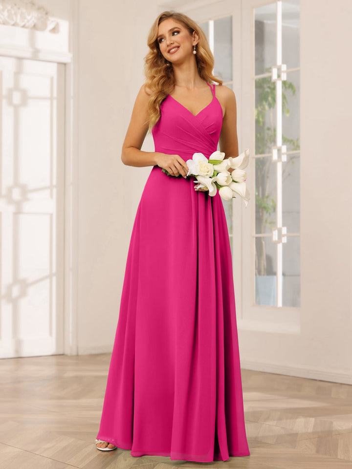 A-Line/Princess V-Neck Sleeveless Floor-Length Bridesmaid Dresses with Ruffles