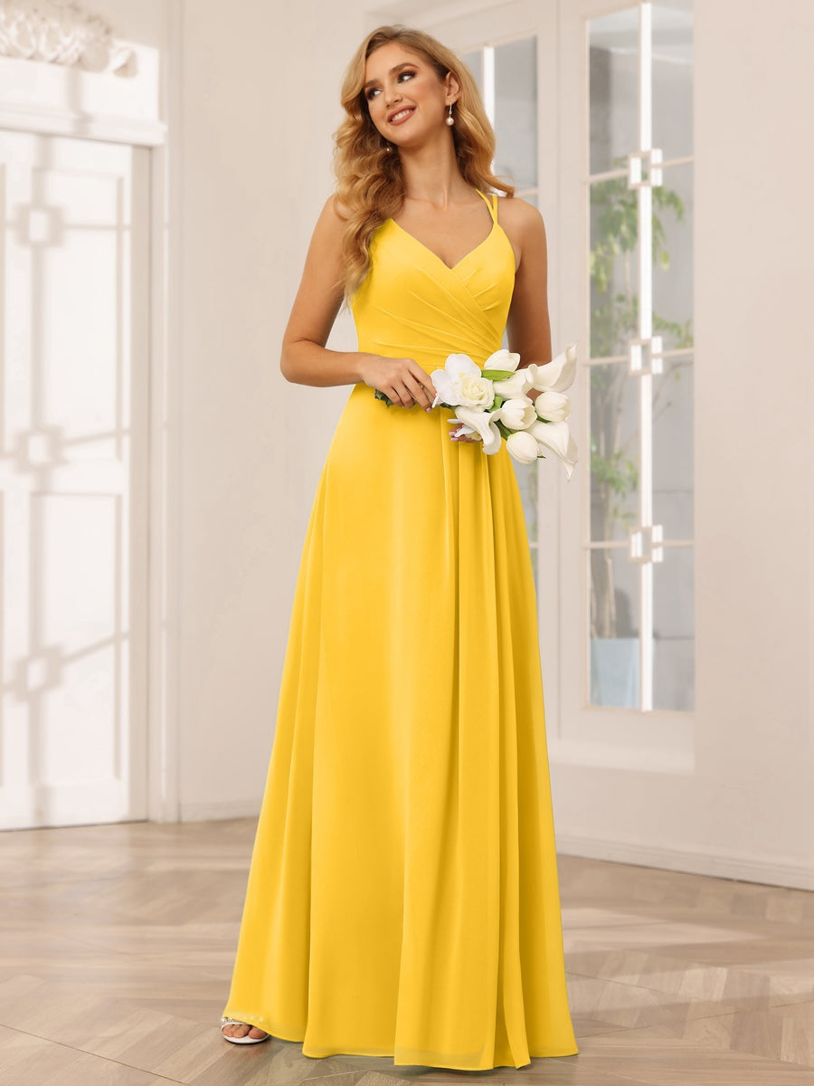 A-Line/Princess V-Neck Sleeveless Floor-Length Bridesmaid Dresses with Ruffles