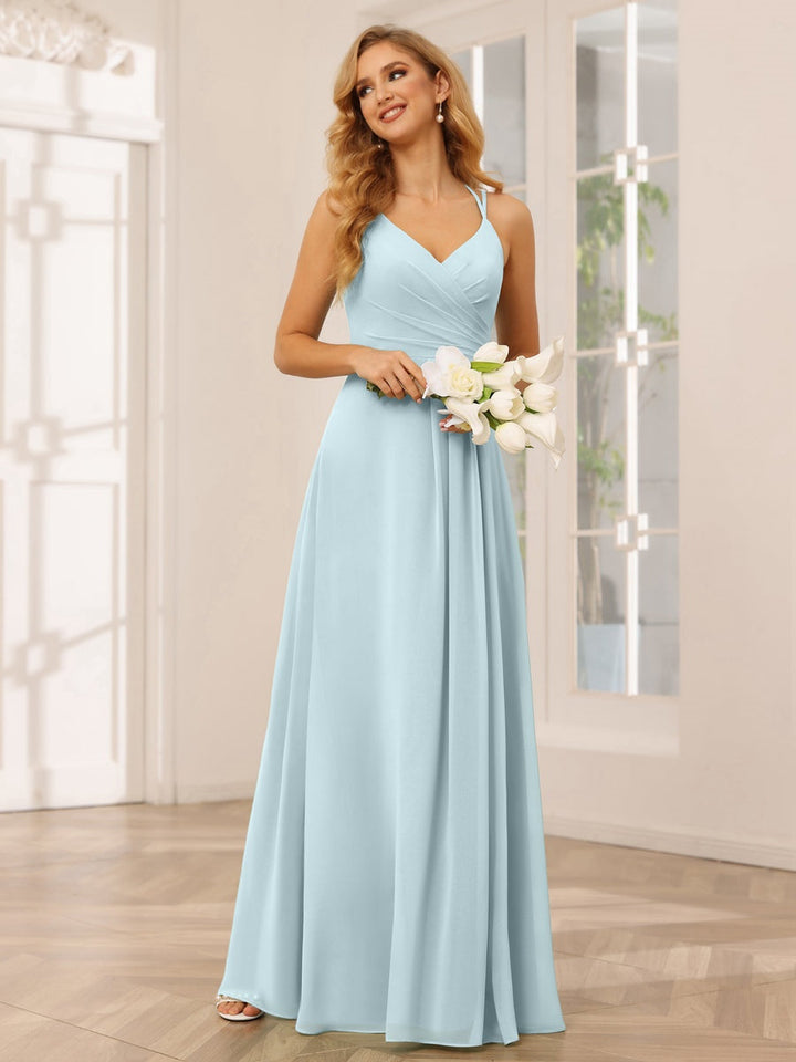 A-Line/Princess V-Neck Sleeveless Floor-Length Bridesmaid Dresses with Ruffles