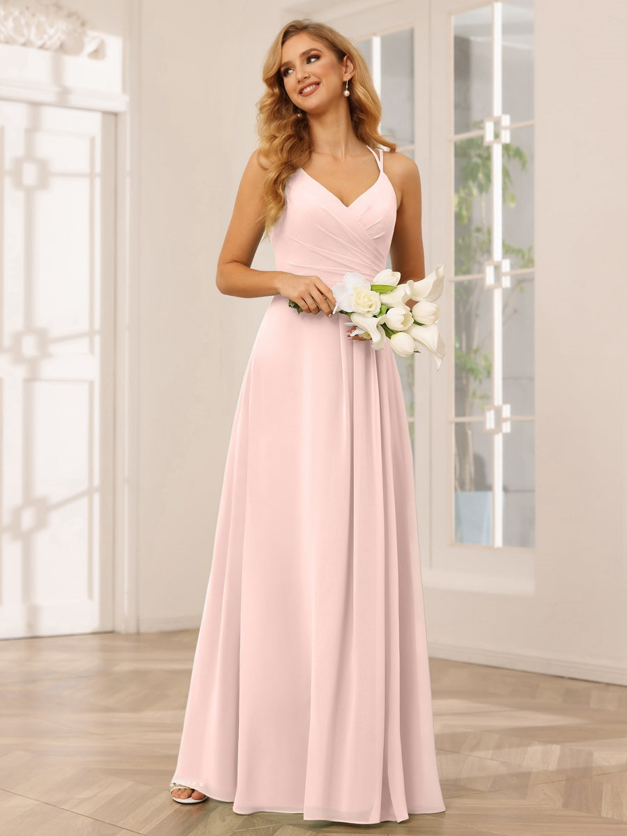 A-Line/Princess V-Neck Sleeveless Floor-Length Bridesmaid Dresses with Ruffles