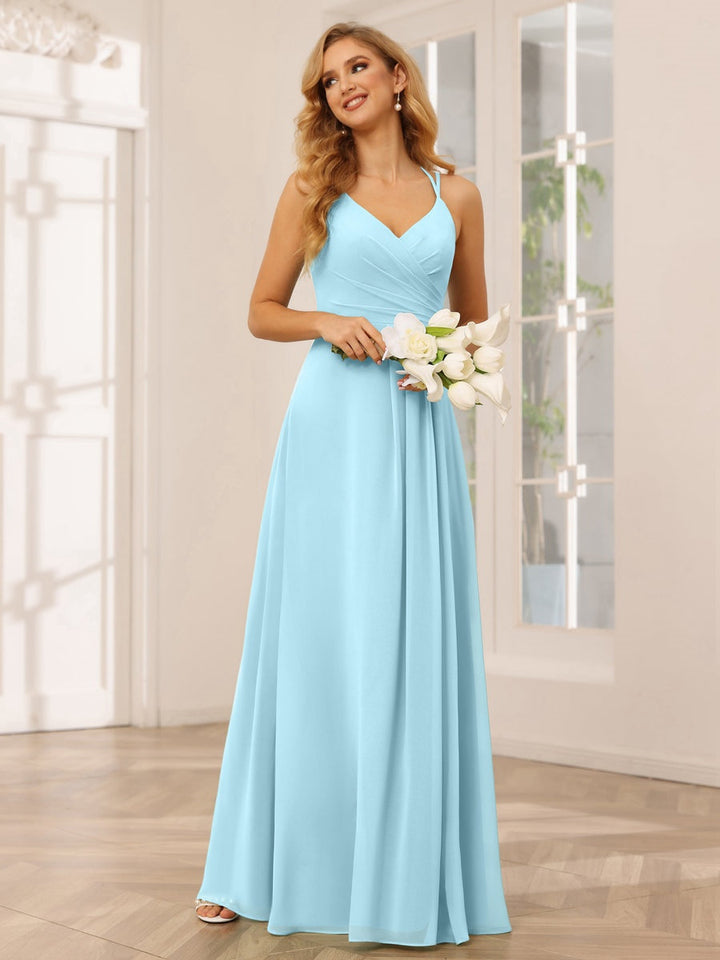 A-Line/Princess V-Neck Sleeveless Floor-Length Bridesmaid Dresses with Ruffles