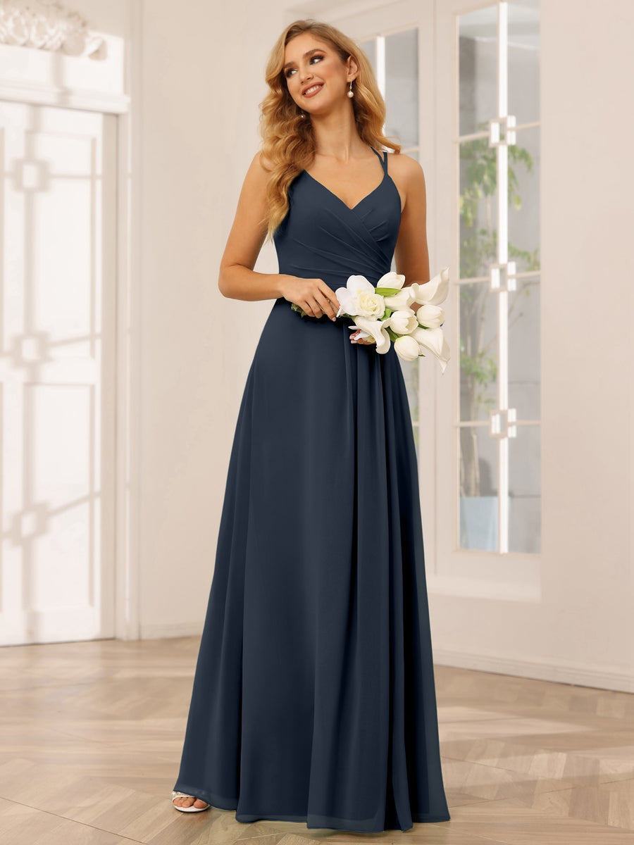 A-Line/Princess V-Neck Sleeveless Floor-Length Bridesmaid Dresses with Ruffles