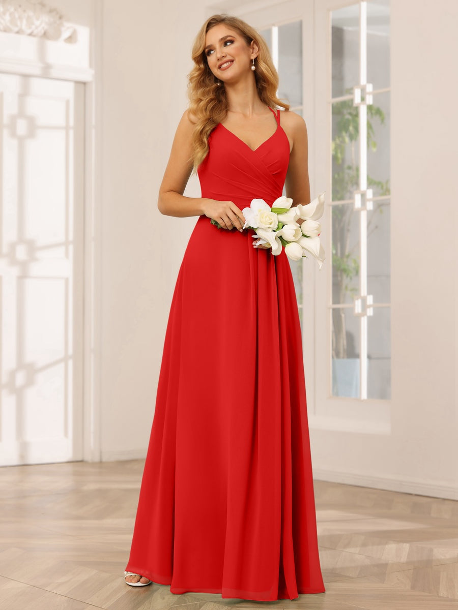 A-Line/Princess V-Neck Sleeveless Floor-Length Bridesmaid Dresses with Ruffles