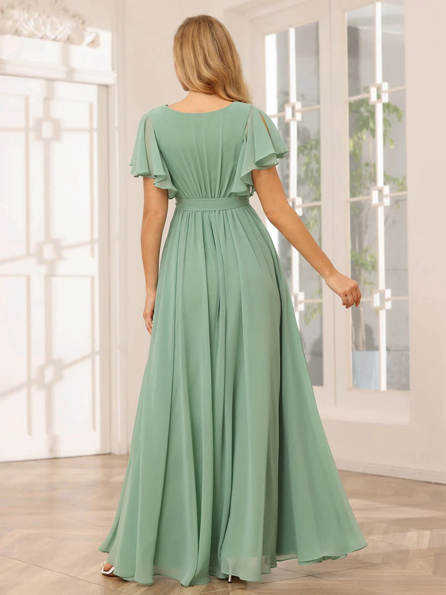 A-Line/Princess V-Neck Short Sleeves Floor-Length Bridesmaid Dresses with Sash