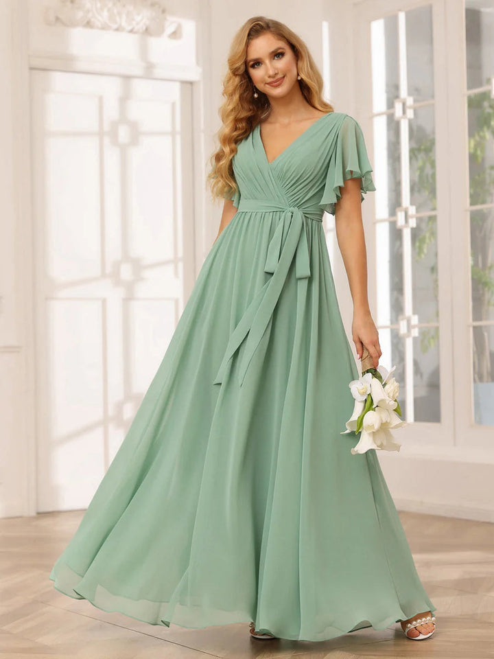 A-Line/Princess V-Neck Short Sleeves Floor-Length Bridesmaid Dresses with Sash