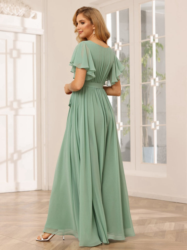 A-Line/Princess V-Neck Short Sleeves Floor-Length Bridesmaid Dresses with Sash