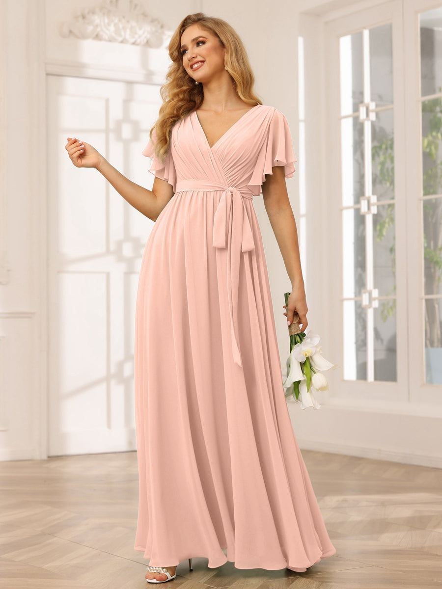 A-Line/Princess V-Neck Short Sleeves Floor-Length Bridesmaid Dresses with Sash