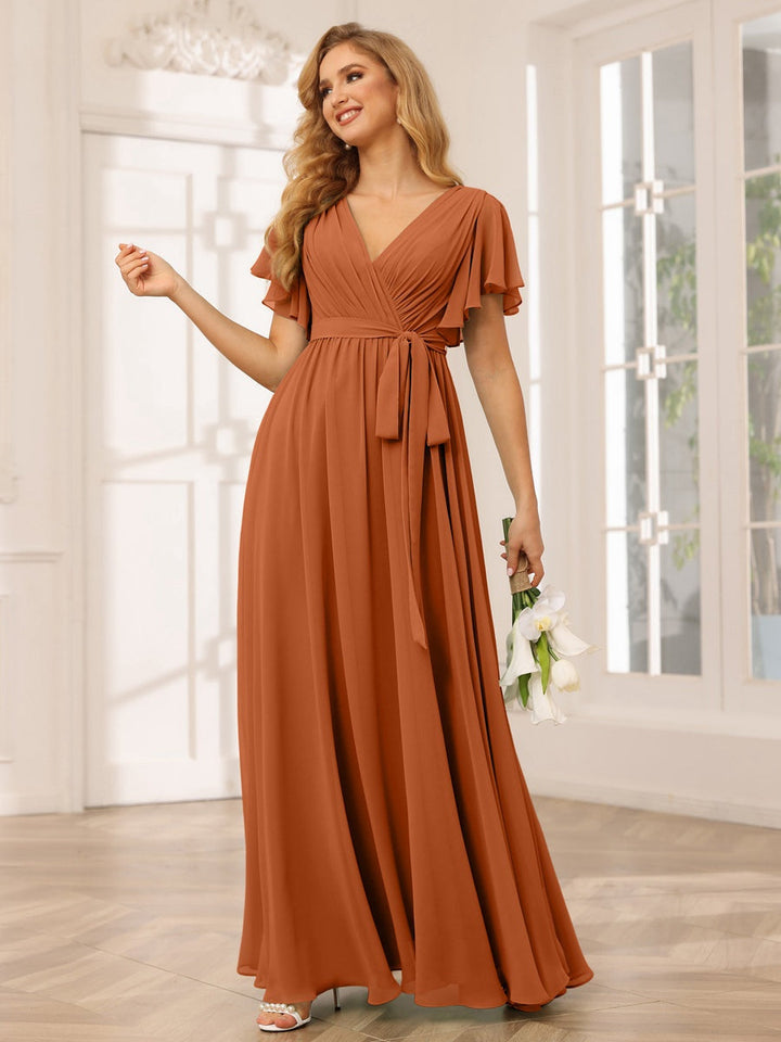 A-Line/Princess V-Neck Short Sleeves Floor-Length Bridesmaid Dresses with Sash