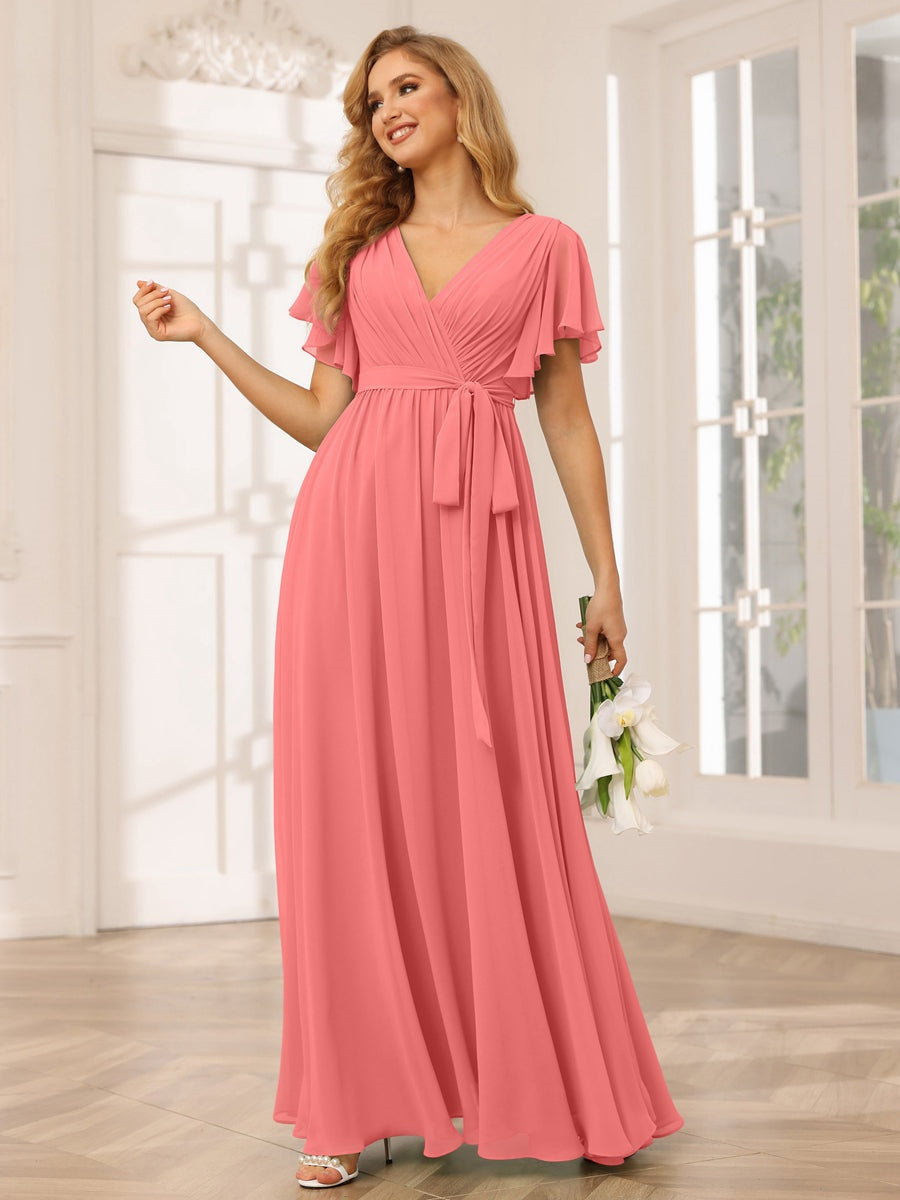 A-Line/Princess V-Neck Short Sleeves Floor-Length Bridesmaid Dresses with Sash