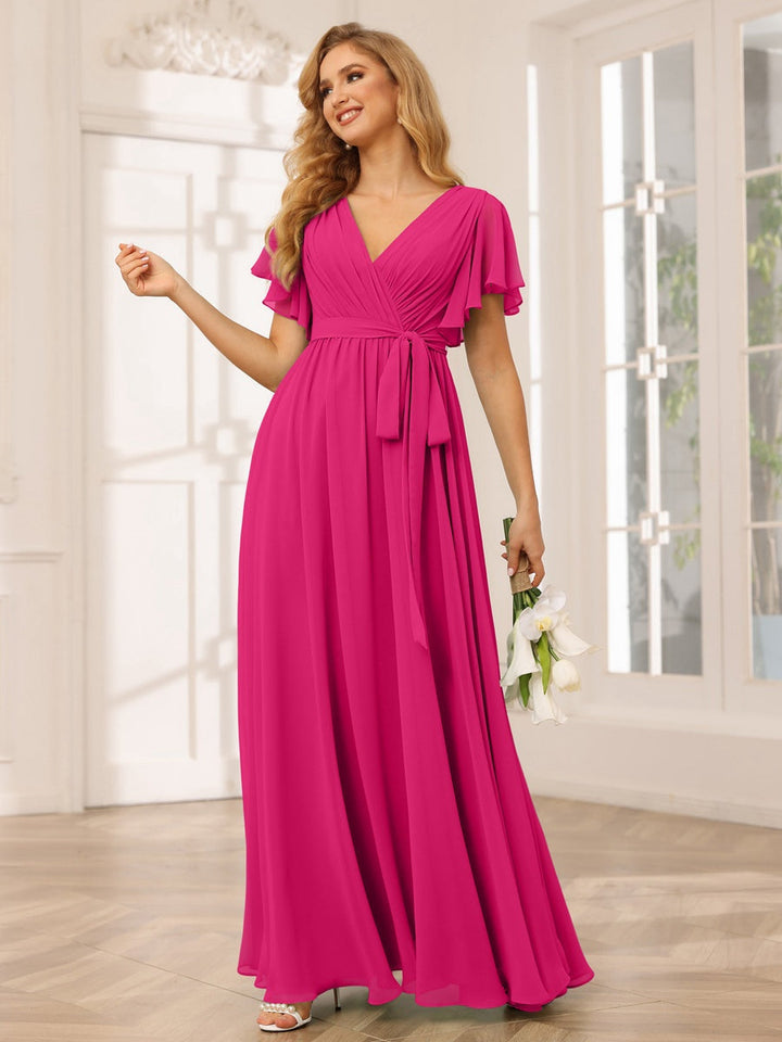 A-Line/Princess V-Neck Short Sleeves Floor-Length Bridesmaid Dresses with Sash