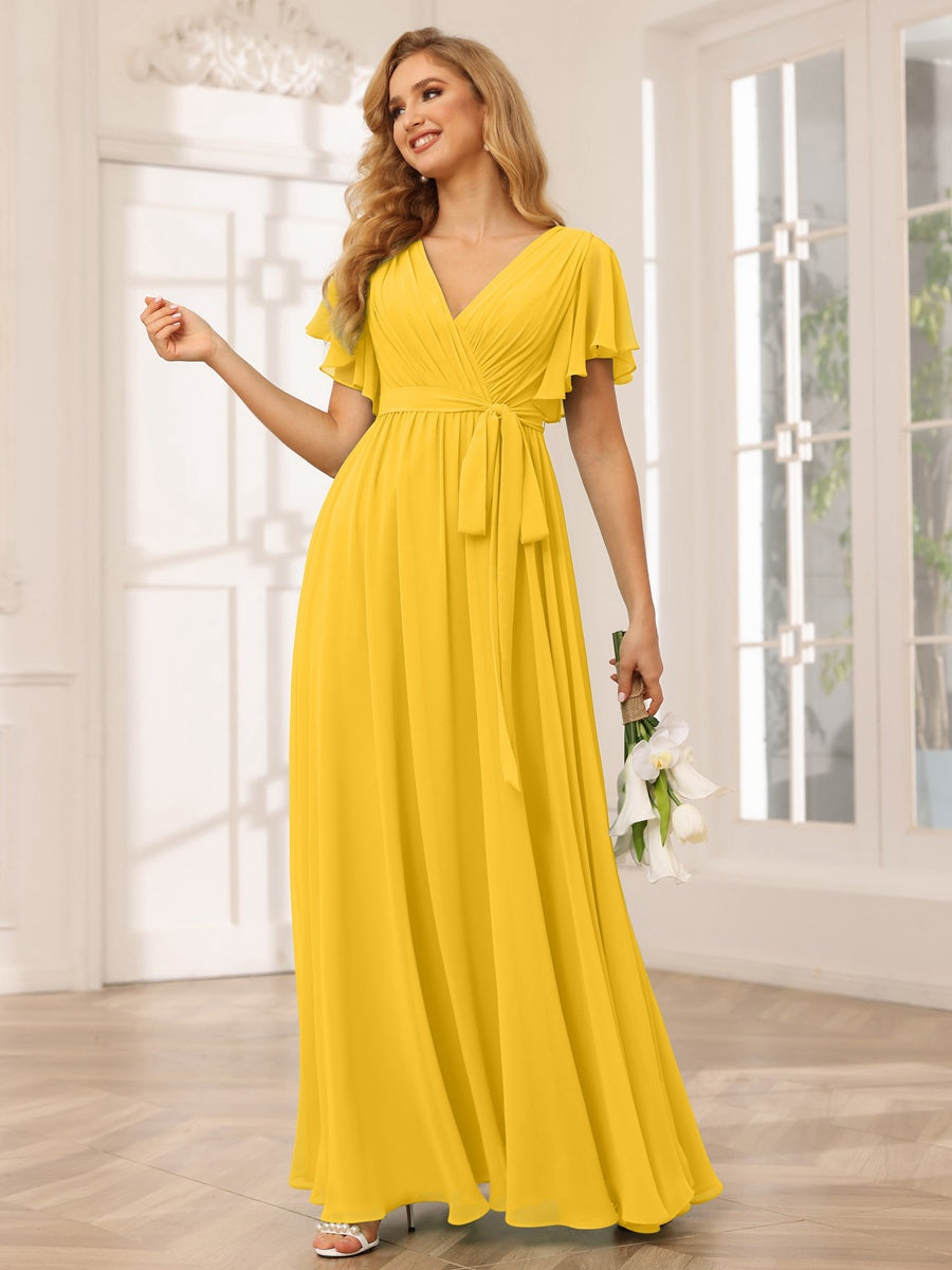 A-Line/Princess V-Neck Short Sleeves Floor-Length Bridesmaid Dresses with Sash