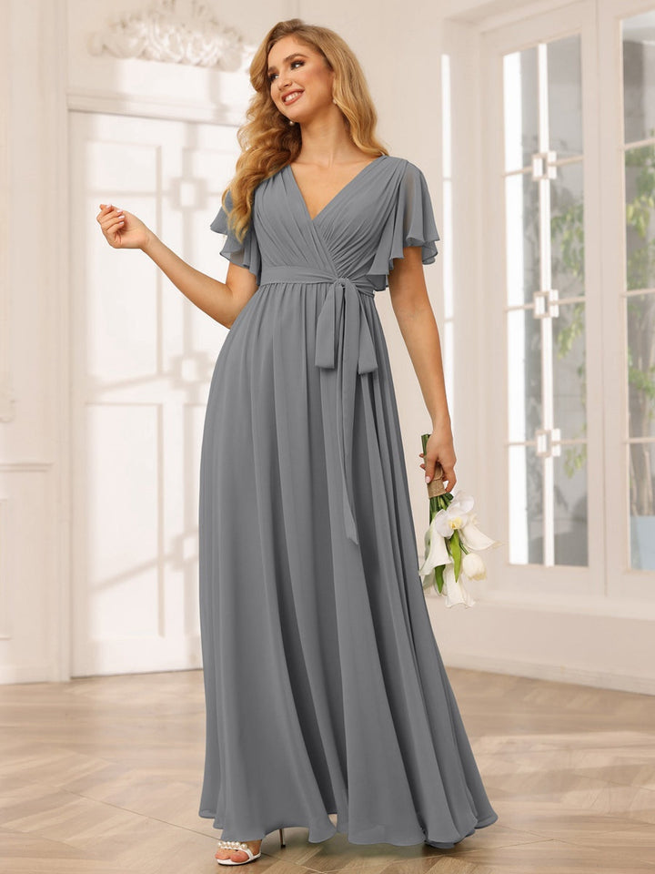 A-Line/Princess V-Neck Short Sleeves Floor-Length Bridesmaid Dresses with Sash