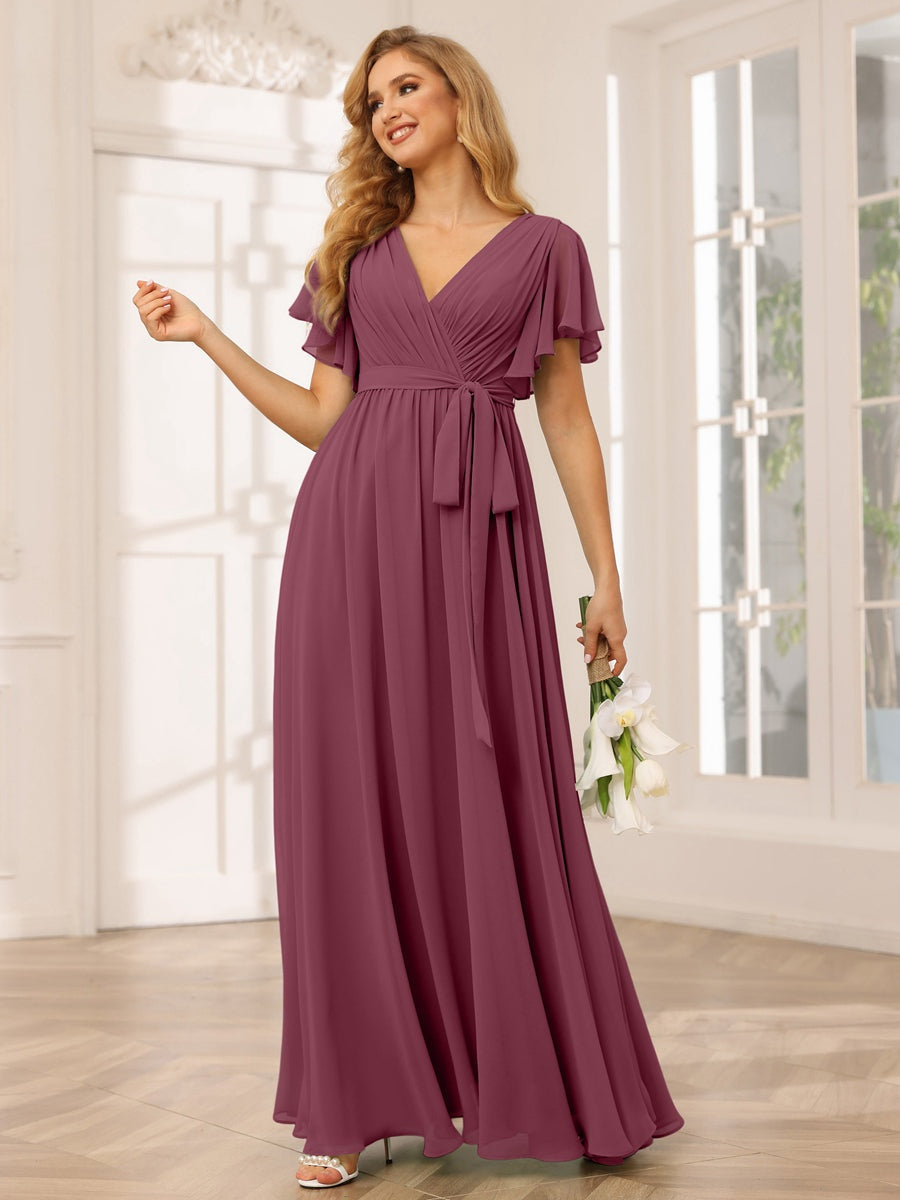 A-Line/Princess V-Neck Short Sleeves Floor-Length Bridesmaid Dresses with Sash