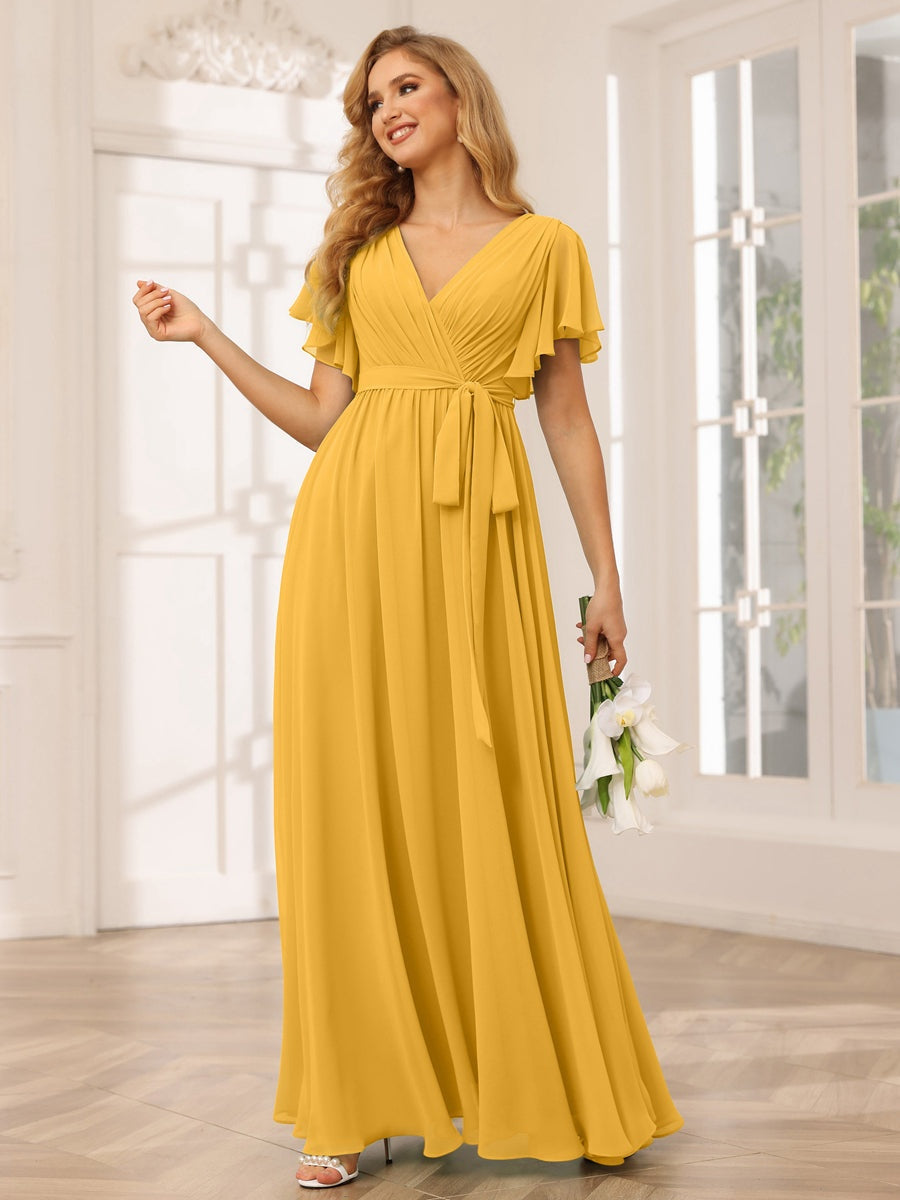 A-Line/Princess V-Neck Short Sleeves Floor-Length Bridesmaid Dresses with Sash