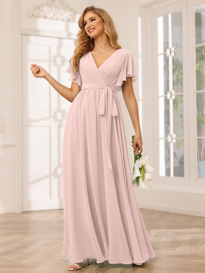 A-Line/Princess V-Neck Short Sleeves Floor-Length Bridesmaid Dresses with Sash