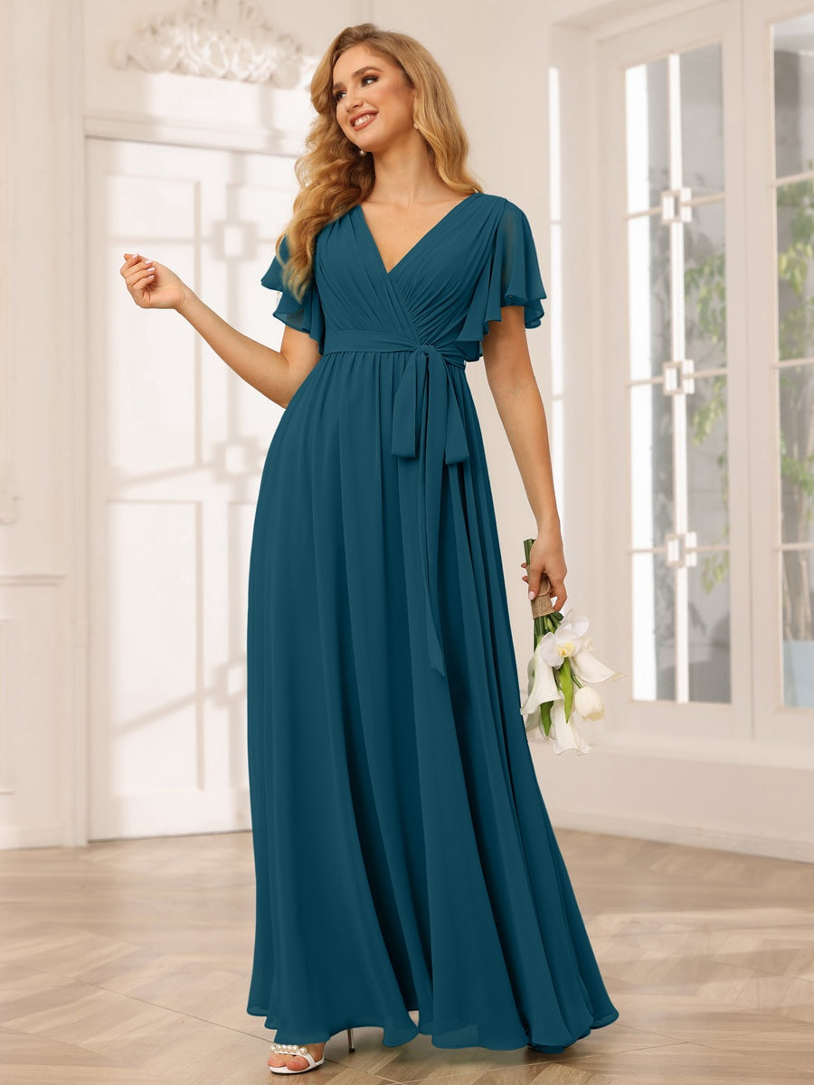 A-Line/Princess V-Neck Short Sleeves Floor-Length Bridesmaid Dresses with Sash