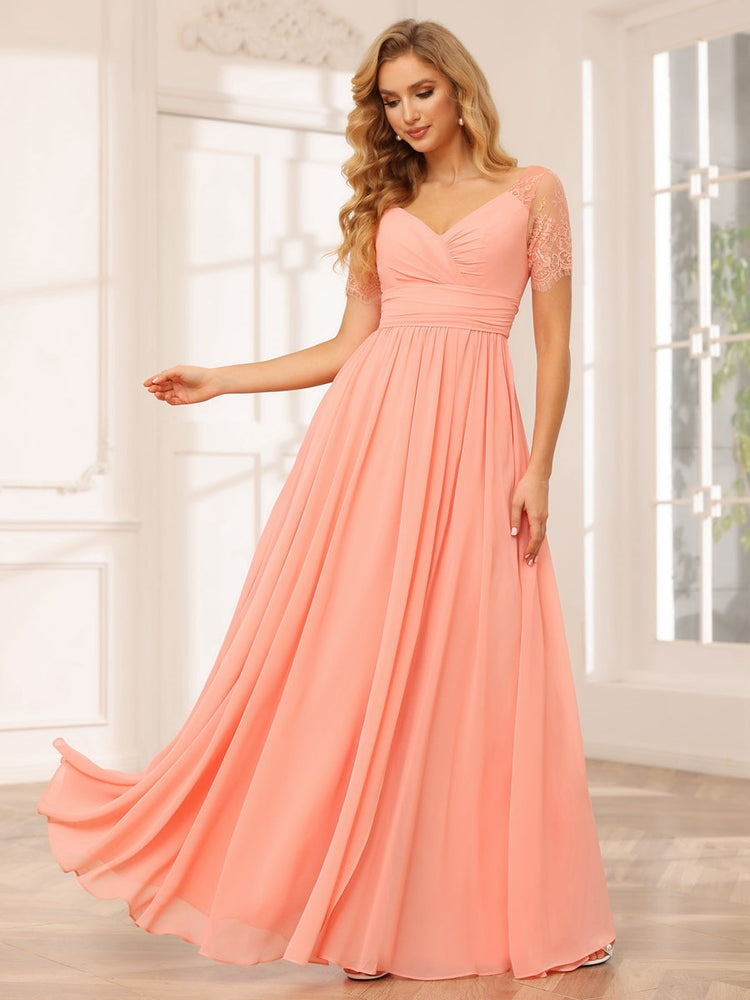 A-Line/Princess V-Neck Short Sleeves Floor-length Bridesmaid Dresses with Split Side