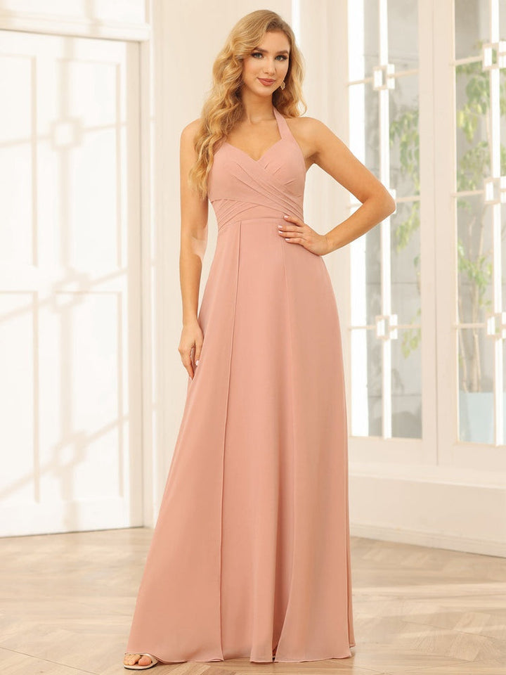 A-Line/Princess Halter Sleeveless Floor-Length Bridesmaid Dresses with Split Side