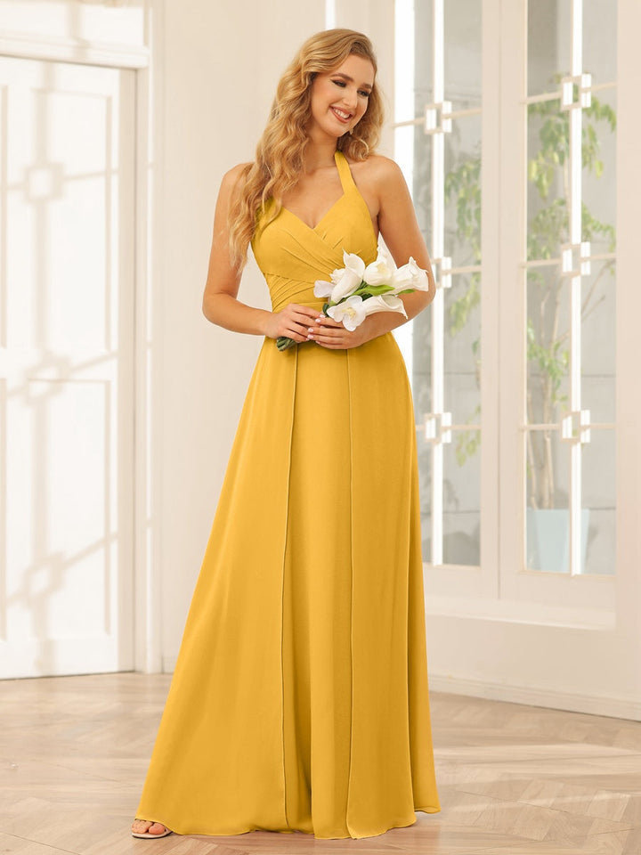 A-Line/Princess Halter Sleeveless Floor-Length Bridesmaid Dresses with Split Side