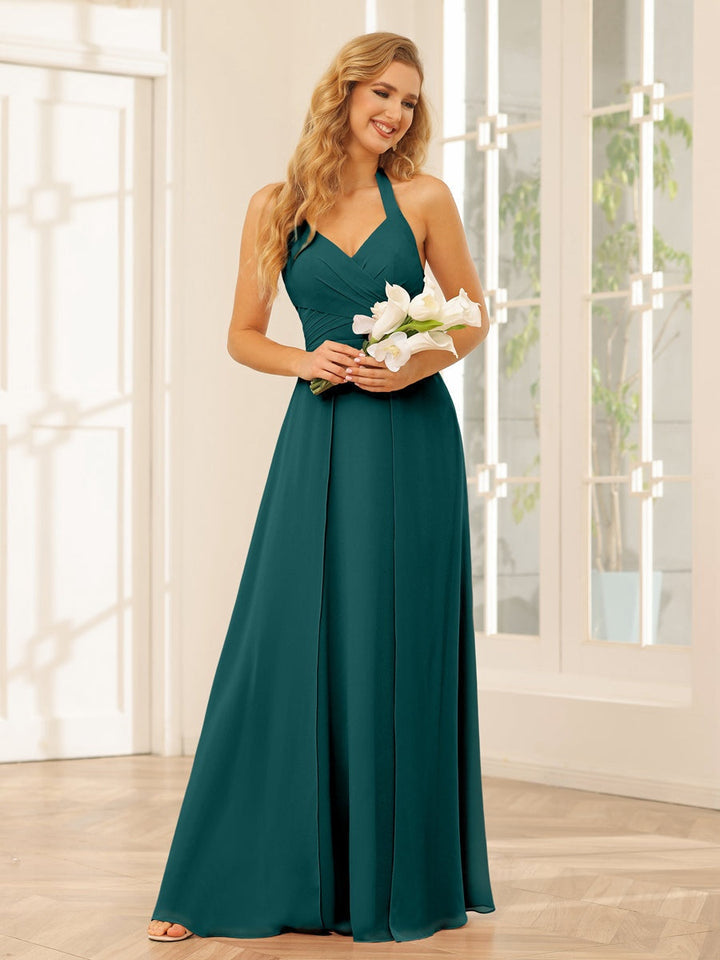 A-Line/Princess Halter Sleeveless Floor-Length Bridesmaid Dresses with Split Side