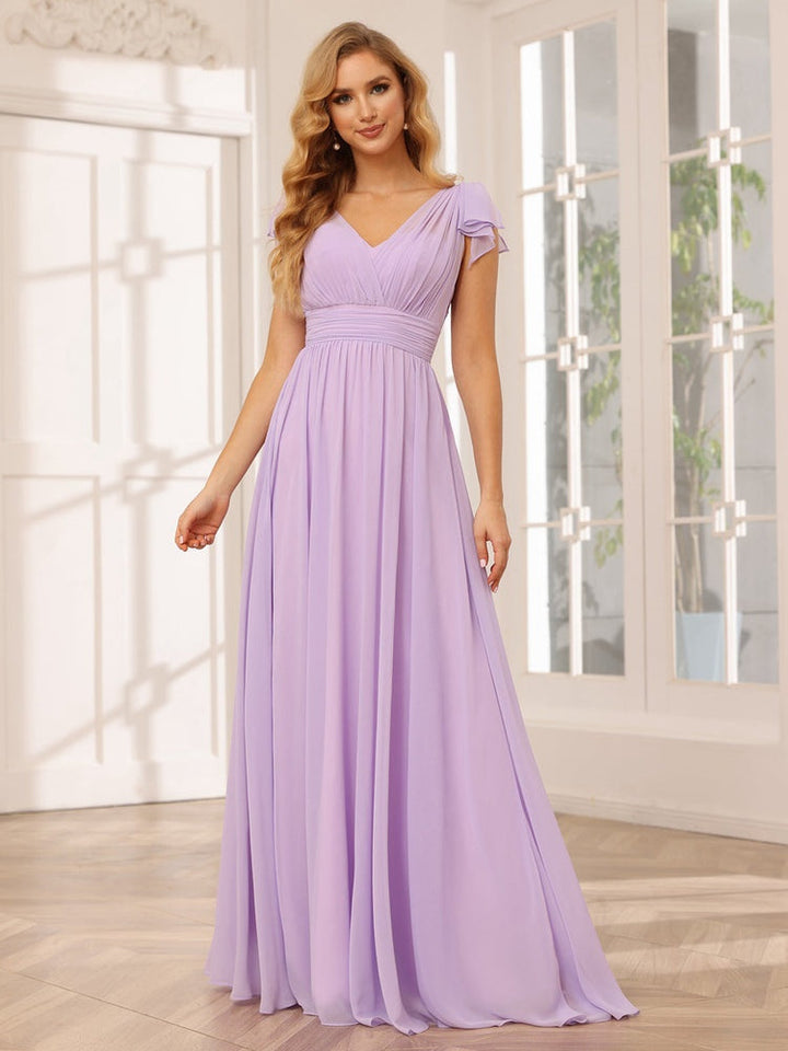 A-Line/Princess V-Neck Short Sleeves Long Bridesmaid Dresses with Ruffles