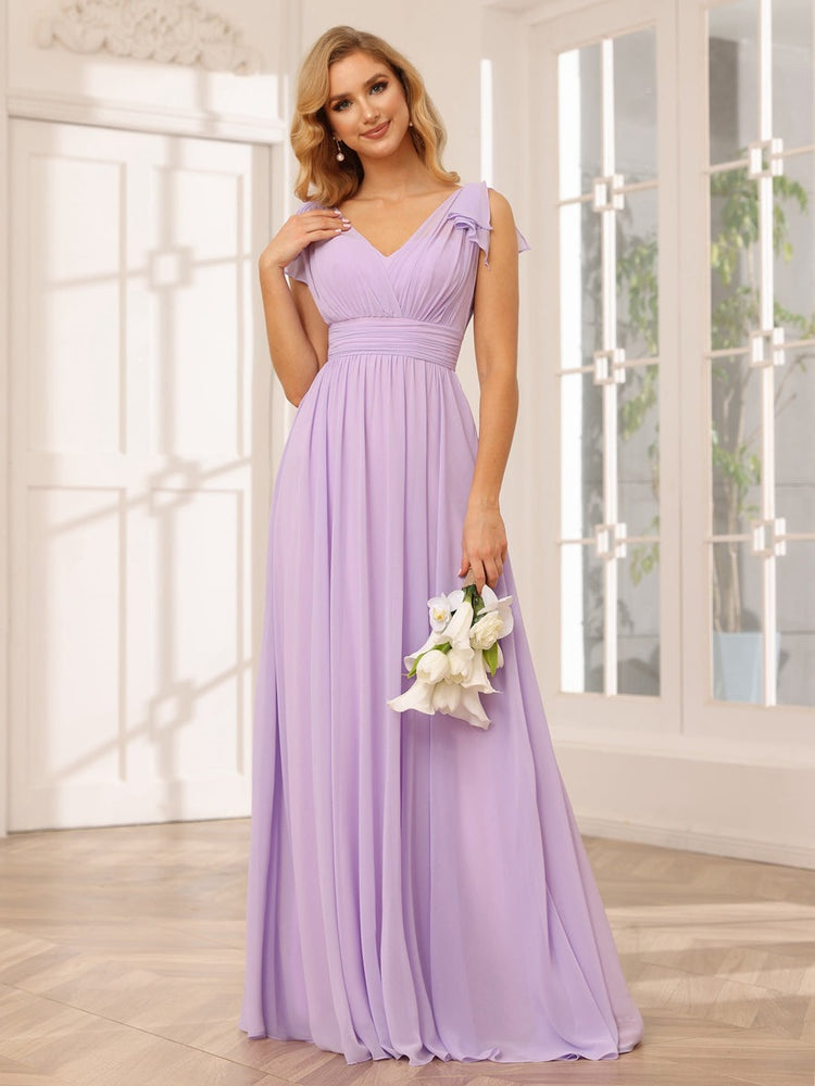 A-Line/Princess V-Neck Short Sleeves Long Bridesmaid Dresses with Ruffles