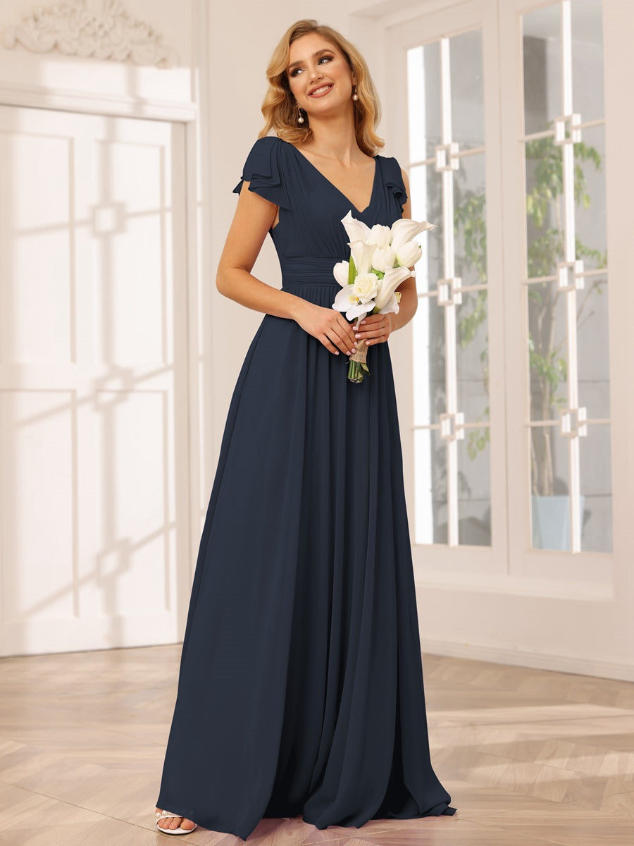 A-Line/Princess V-Neck Short Sleeves Long Bridesmaid Dresses with Ruffles