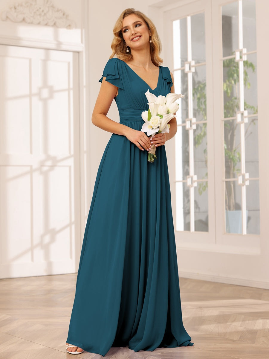 A-Line/Princess V-Neck Short Sleeves Long Bridesmaid Dresses with Ruffles