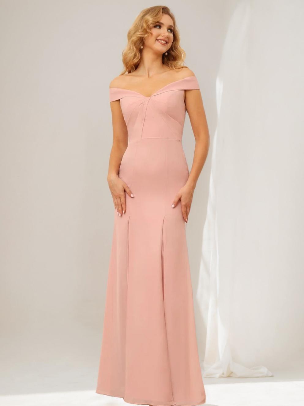 Sheath/Column Off-the-Shoulder Long Bridesmaid Dresses with Split Side