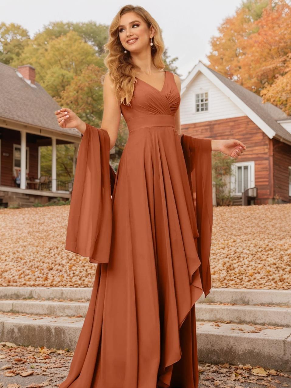 A-Line/Princess V-Neck Sleeveless Floor-Length Asymmetrical Bridesmaid Dresses with Ruffles