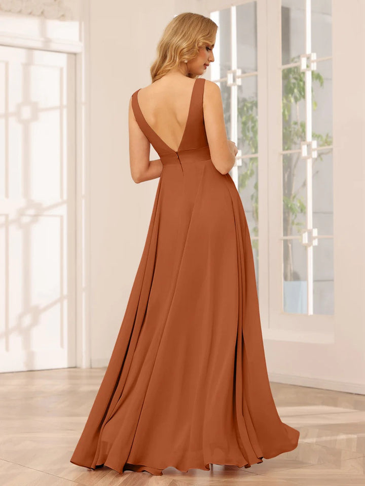 A-Line/Princess V-Neck Sleeveless Floor-Length Asymmetrical Bridesmaid Dresses with Ruffles