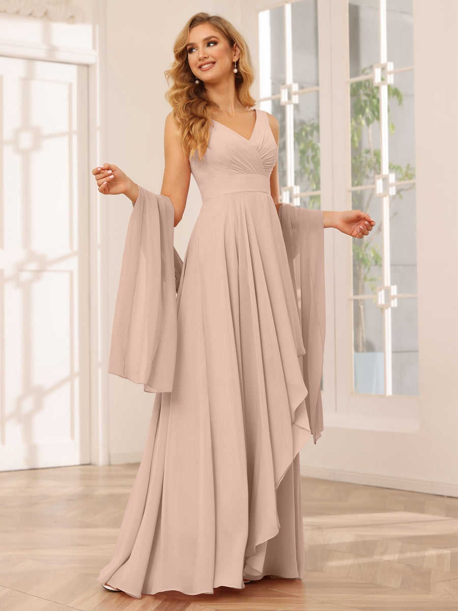 A-Line/Princess V-Neck Sleeveless Floor-Length Asymmetrical Bridesmaid Dresses with Ruffles