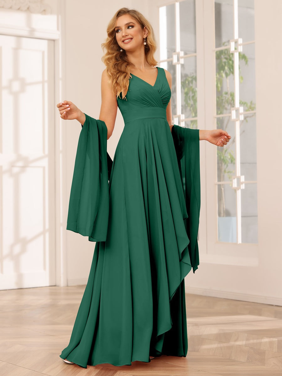 A-Line/Princess V-Neck Sleeveless Floor-Length Asymmetrical Bridesmaid Dresses with Ruffles