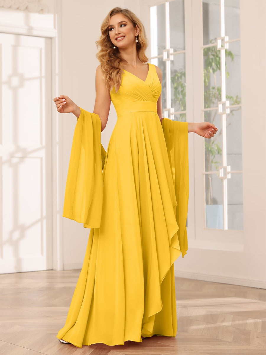 A-Line/Princess V-Neck Sleeveless Floor-Length Asymmetrical Bridesmaid Dresses with Ruffles