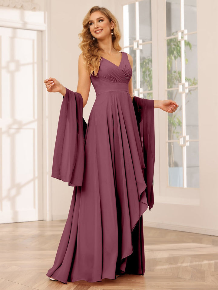 A-Line/Princess V-Neck Sleeveless Floor-Length Asymmetrical Bridesmaid Dresses with Ruffles