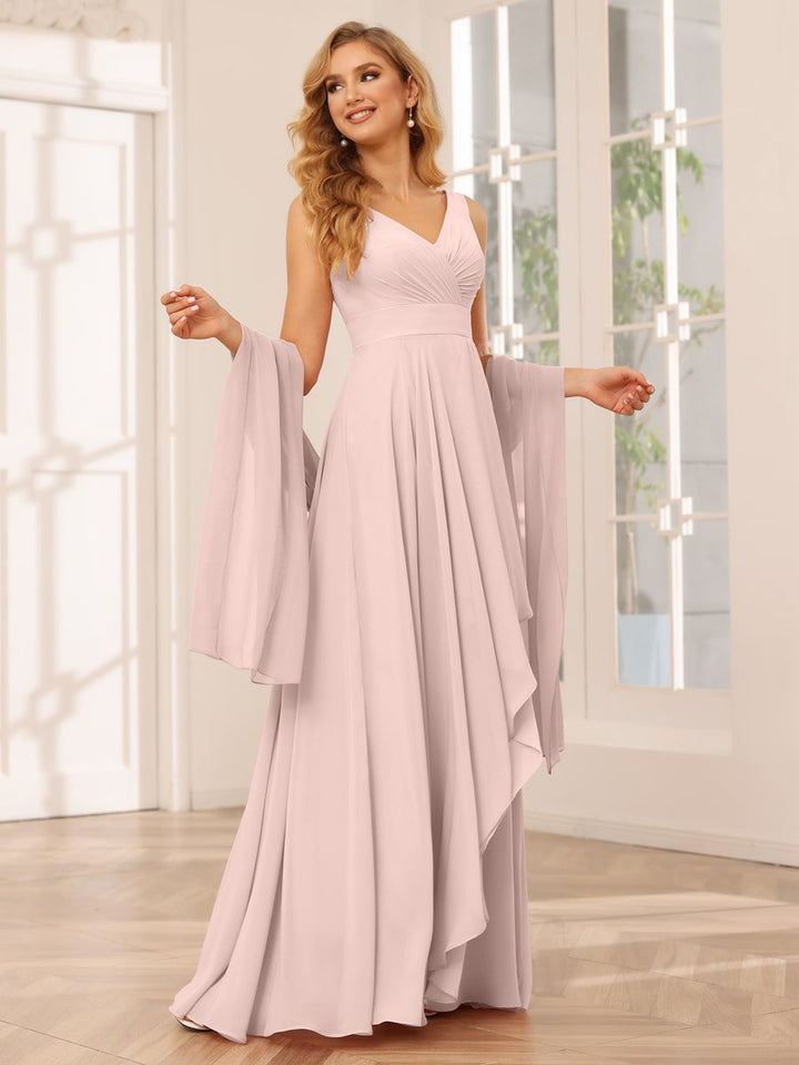 A-Line/Princess V-Neck Sleeveless Floor-Length Asymmetrical Bridesmaid Dresses with Ruffles