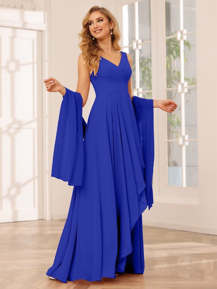 A-Line/Princess V-Neck Sleeveless Floor-Length Asymmetrical Bridesmaid Dresses with Ruffles