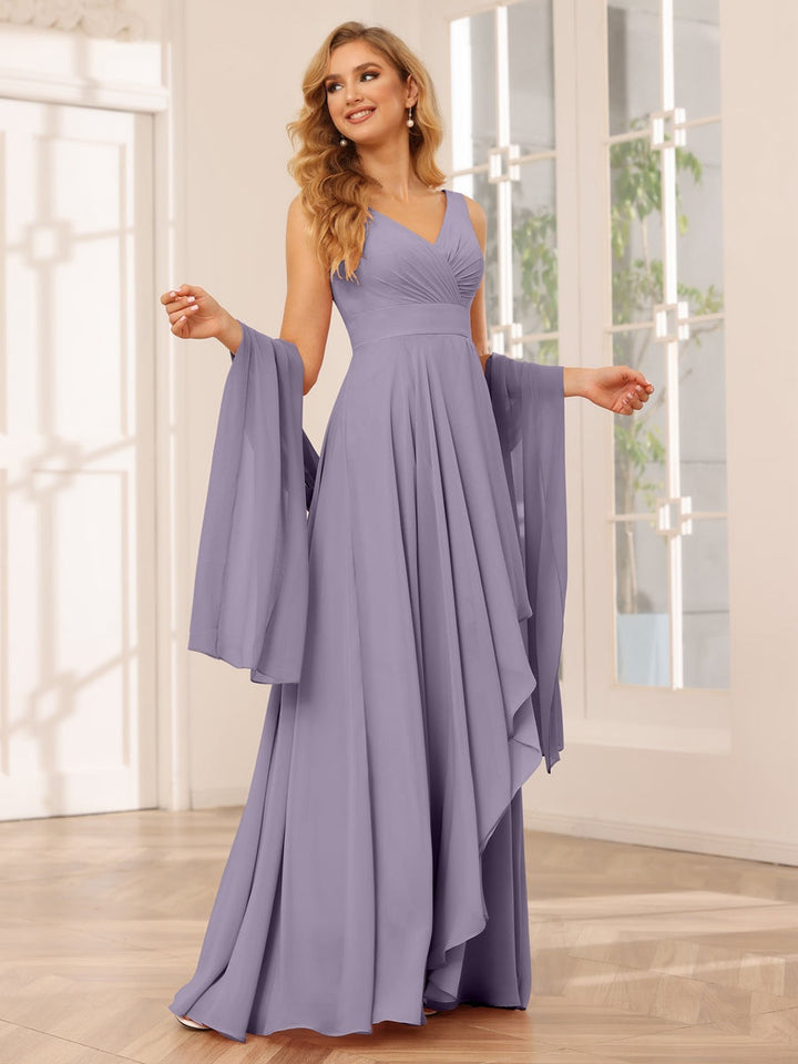 A-Line/Princess V-Neck Sleeveless Floor-Length Asymmetrical Bridesmaid Dresses with Ruffles