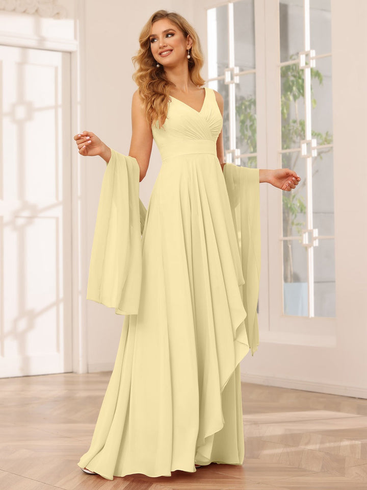 A-Line/Princess V-Neck Sleeveless Floor-Length Asymmetrical Bridesmaid Dresses with Ruffles