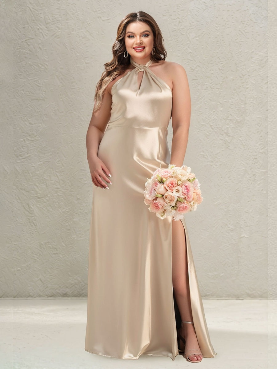 Sheath/Column Halter Sleeveless Floor-Length Plus Size Bridesmaid Dresses with Split Side