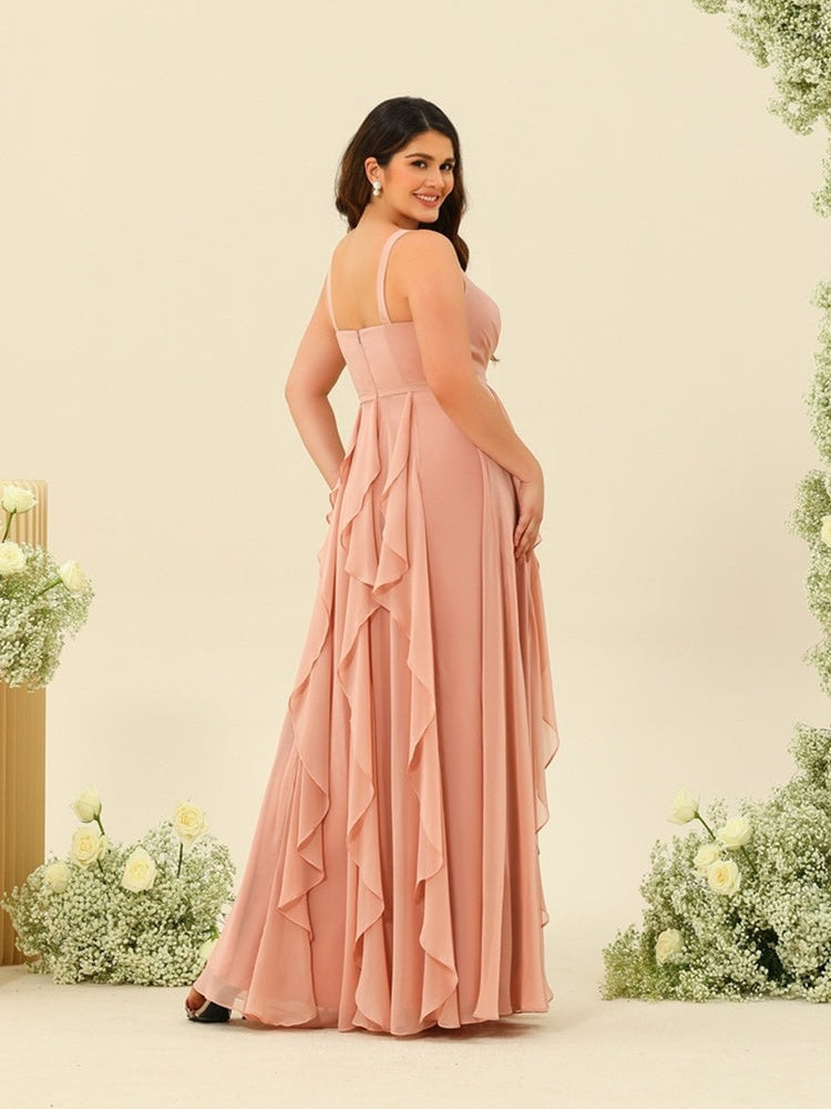 A-Line/Princess V-Neck Sleeveless Long Plus Size Ruched Bridesmaid Dresses with Ruffles