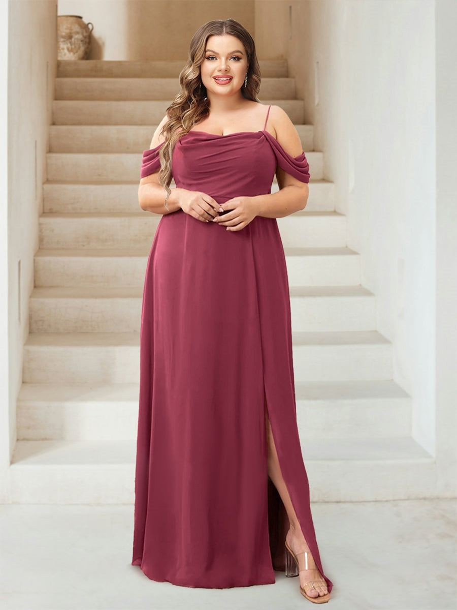 A-Line/Princess Cowl Neck Plus Size Floor-Length Chiffon Bridesmaid Dresses with Split Side