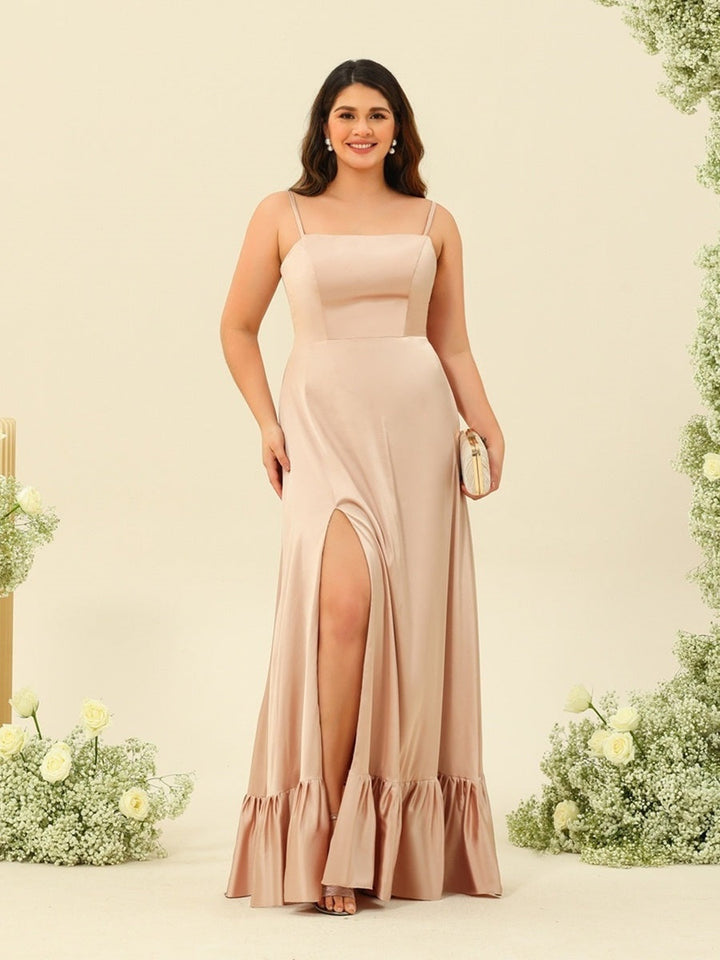 A-Line/Princess Spaghetti Straps Lace-Up Split Side Plus Size Bridesmaid Dresses