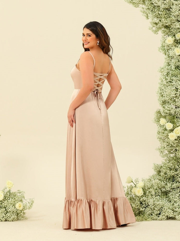 A-Line/Princess Spaghetti Straps Lace-Up Split Side Plus Size Bridesmaid Dresses